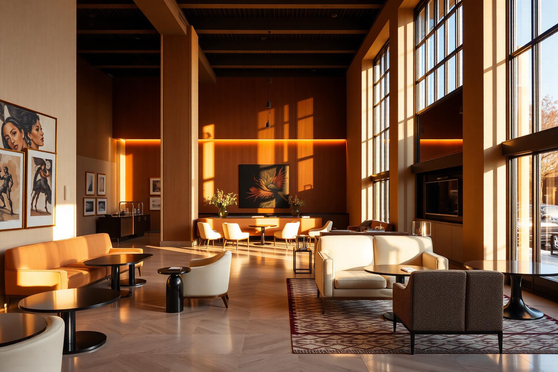 Boutique hospitality lobby with curated art and warm light